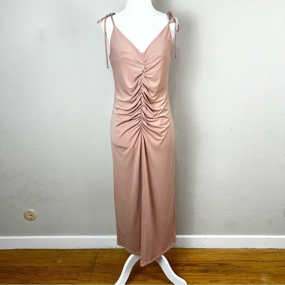 NEW Lanston Ruched Shoulder Tie Midi Dress Neutral Nude Beige Size Extra Small